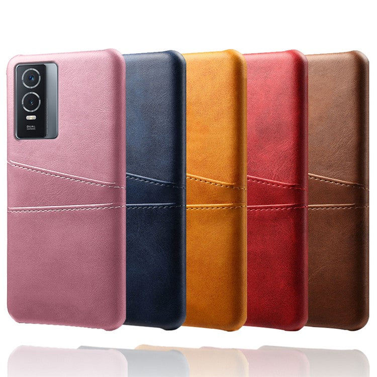 Anti-drop PU Leather Coated Hard PC Phone Case Shell with Double Card Slots for vivo Y76 5G/Y76s - Black