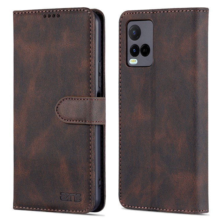AZNS Phone Cover Drop-proof Magnetic Closure PU Leather Flip Wallet Stand Well-protected Phone Shell for vivo Y21/Y21s/Y33s - Brown