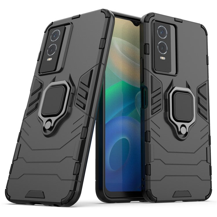Drop Protection Hard PC Flexible TPU Shock Absorption Kickstand Case for vivo Y76s - Black