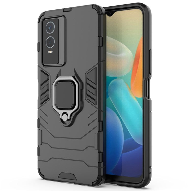 Drop Protection Hard PC Flexible TPU Shock Absorption Kickstand Case for vivo Y76s - Black