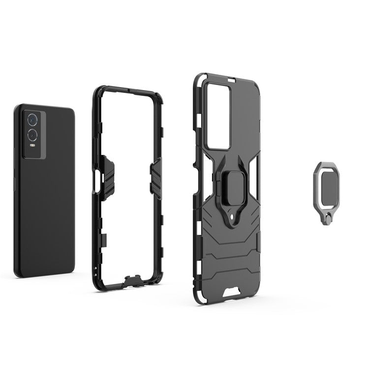 Drop Protection Hard PC Flexible TPU Shock Absorption Kickstand Case for vivo Y76s - Black