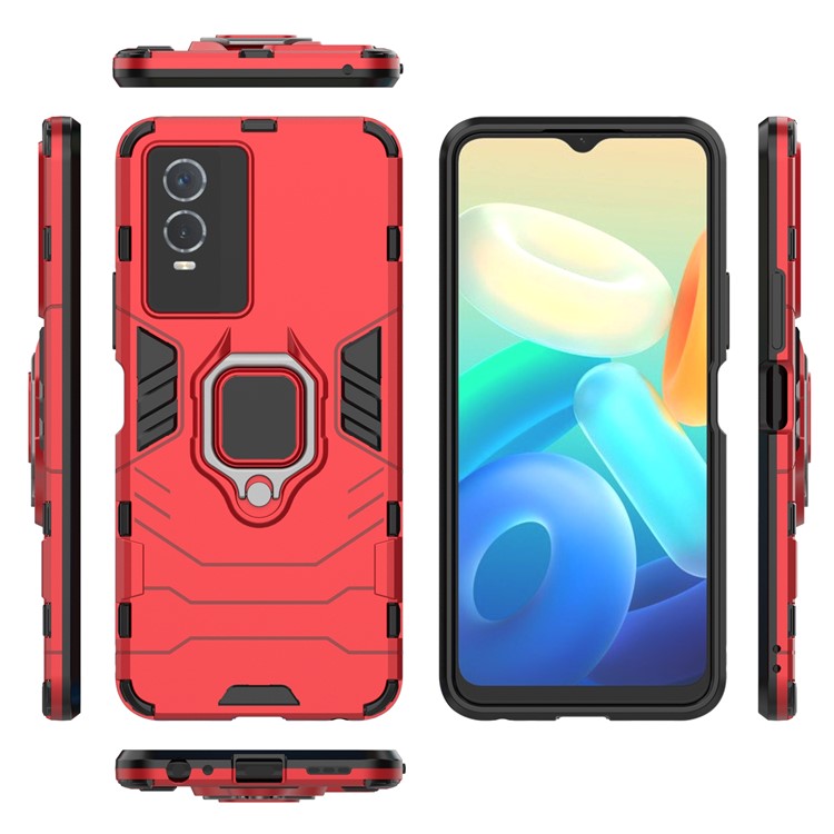 Drop Protection Hard PC Flexible TPU Shock Absorption Kickstand Case for vivo Y76s - Red