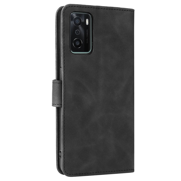 Skin-touch Feeling PU Leather + TPU Folio Flip Wallet Stand Phone Cover Case for Oppo A55s 5G - Black