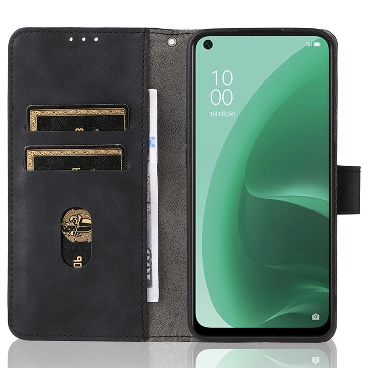 Skin-touch Feeling PU Leather + TPU Folio Flip Wallet Stand Phone Cover Case for Oppo A55s 5G - Black