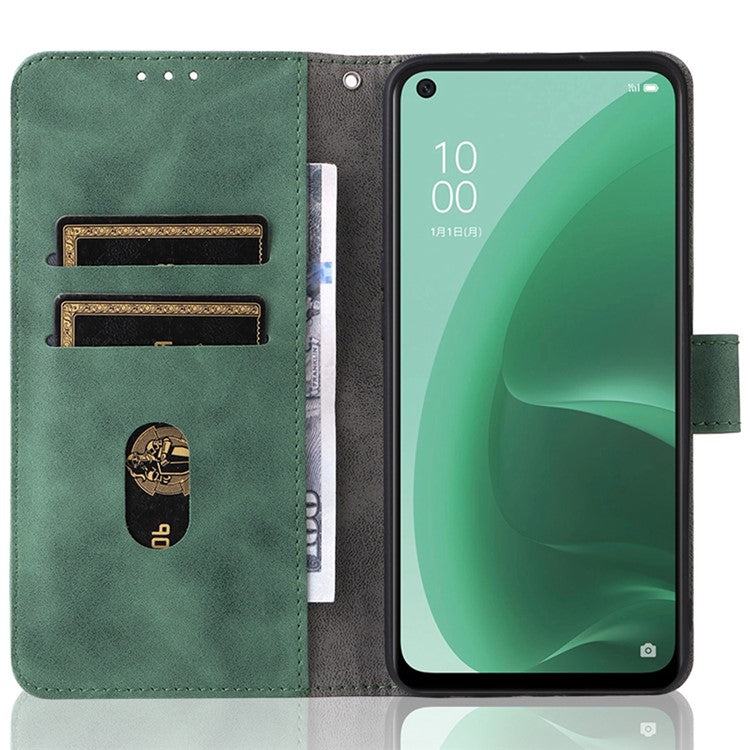 Skin-touch Feeling PU Leather + TPU Folio Flip Wallet Stand Phone Cover Case for Oppo A55s 5G - Green