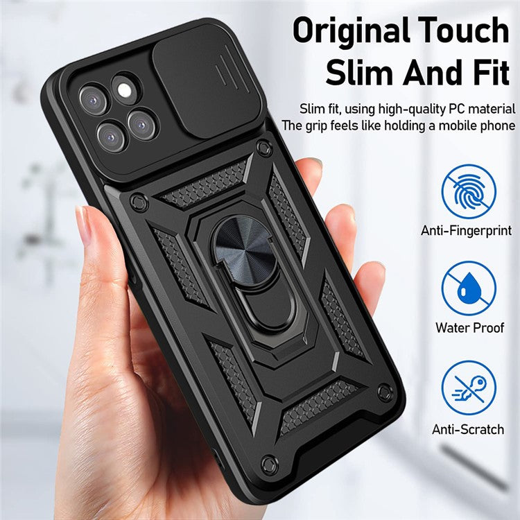 Ring Kickstand Design Phone Case Camera Slide Cover PC + TPU Drop-proof Hybrid Phone Protector for Realme 8i/Narzo 50 4G - Black