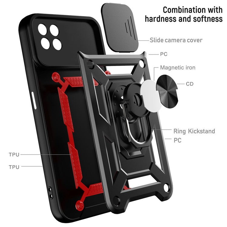 Ring Kickstand Design Phone Case Camera Slide Cover PC + TPU Drop-proof Hybrid Phone Protector for Realme 8i/Narzo 50 4G - Black