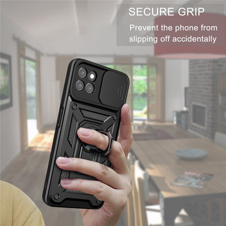 Ring Kickstand Design Phone Case Camera Slide Cover PC + TPU Drop-proof Hybrid Phone Protector for Realme 8i/Narzo 50 4G - Black