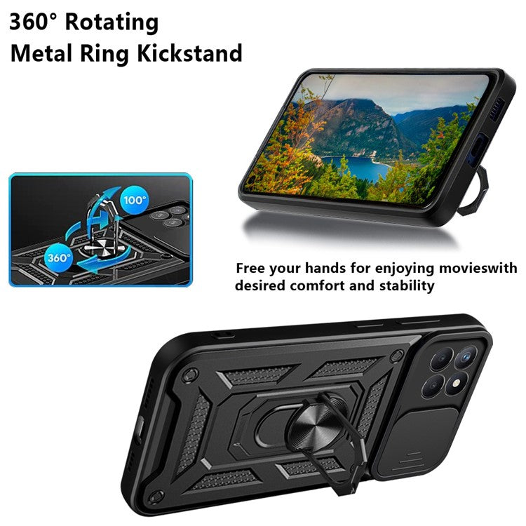 Ring Kickstand Design Phone Case Camera Slide Cover PC + TPU Drop-proof Hybrid Phone Protector for Realme 8i/Narzo 50 4G - Blue