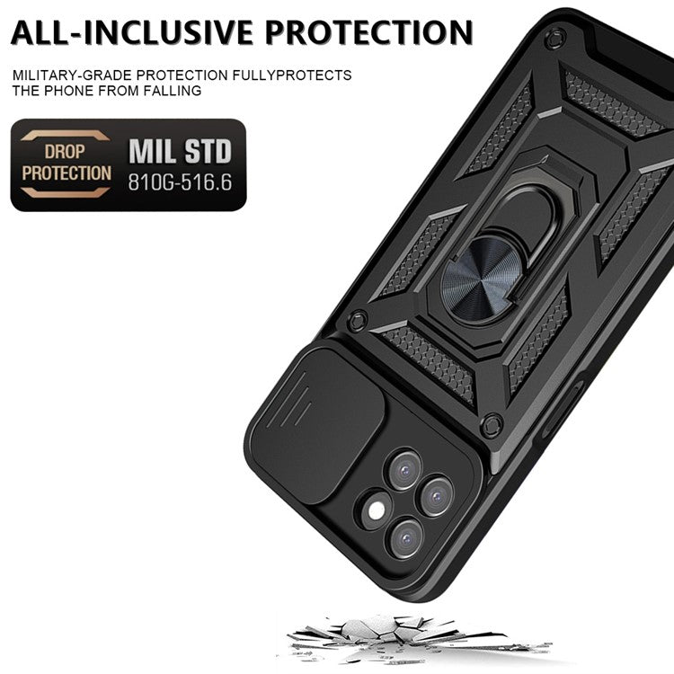 Ring Kickstand Design Phone Case Camera Slide Cover PC + TPU Drop-proof Hybrid Phone Protector for Realme 8i/Narzo 50 4G - Blue