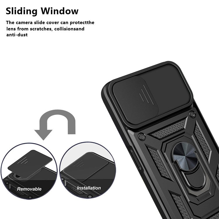 Ring Kickstand Design Phone Case Camera Slide Cover PC + TPU Drop-proof Hybrid Phone Protector for Realme 8i/Narzo 50 4G - Blue