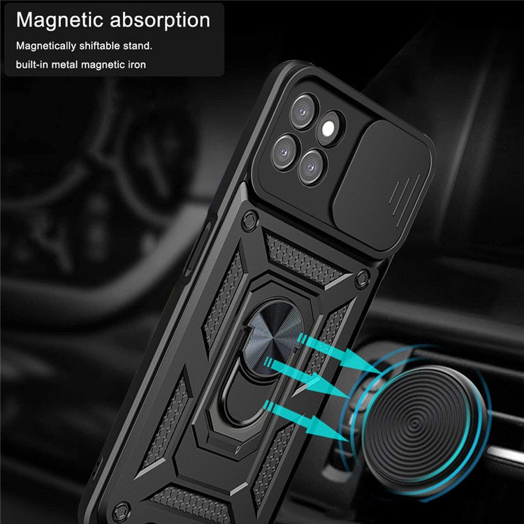 Ring Kickstand Design Phone Case Camera Slide Cover PC + TPU Drop-proof Hybrid Phone Protector for Realme 8i/Narzo 50 4G - Green