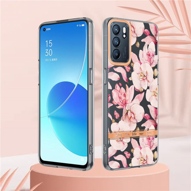 LB5 Series Flower Pattern IMD IML Electroplating TPU Case Scratch-resistant Phone Shell for Oppo Reno6 5G - HC005 Pink Gardenia