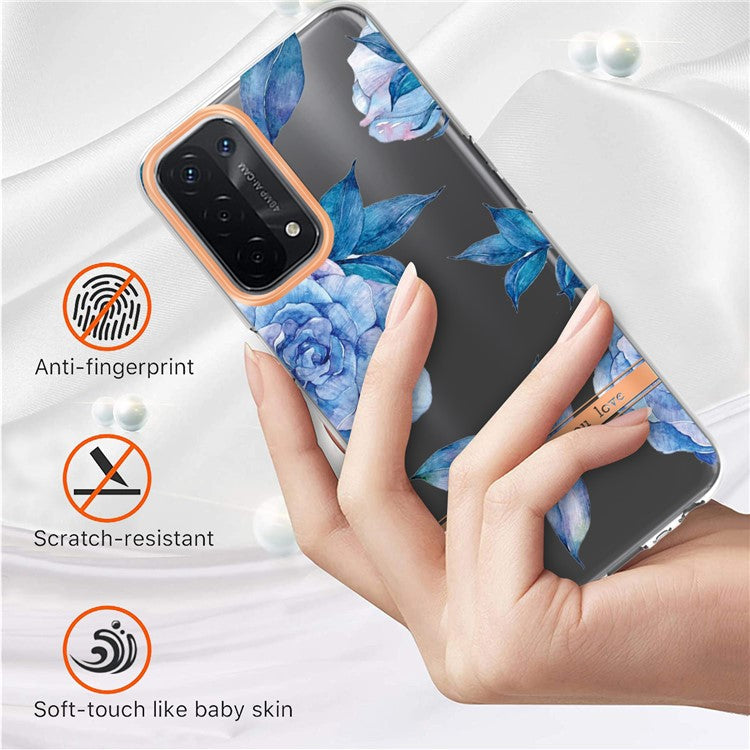 LB5 Series Flower Pattern Fingerprint-free Anti-scratch Phone Case IMD IML Electroplating TPU Shell for Oppo A74 5G/A93 5G/A54 5G/A93s 5G - HC003 Blue Peony