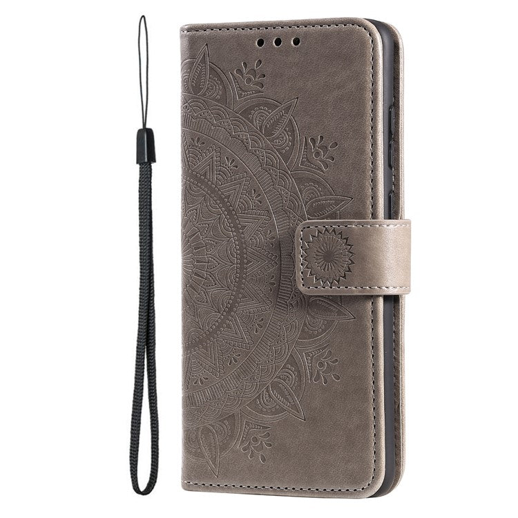 Mandala Flower Imprinted All-round Shockproof Stand Wallet Leather Phone Case Shell for Realme 8i/Narzo 50 4G - Grey
