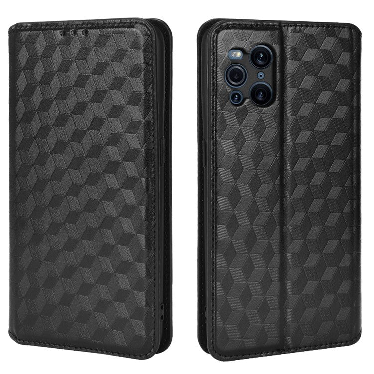 Protective Cover Shockproof Rhombus Pattern Imprinted Cell Phone Case PU Leather + TPU Phone Case with Stand Wallet for Oppo Find X3 Pro / Find X3 - Black