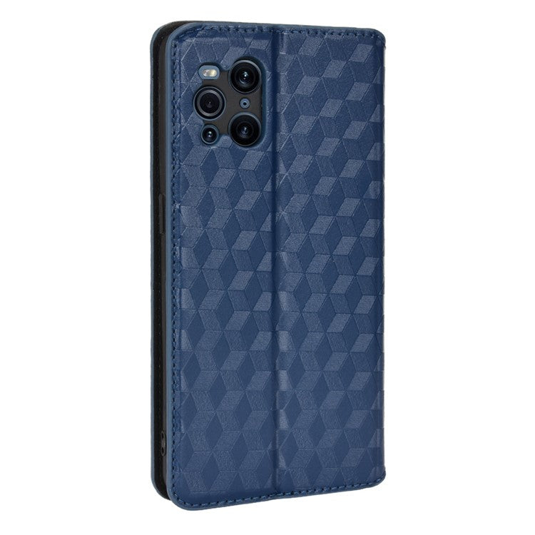 Protective Cover Shockproof Rhombus Pattern Imprinted Cell Phone Case PU Leather + TPU Phone Case with Stand Wallet for Oppo Find X3 Pro / Find X3 - Blue