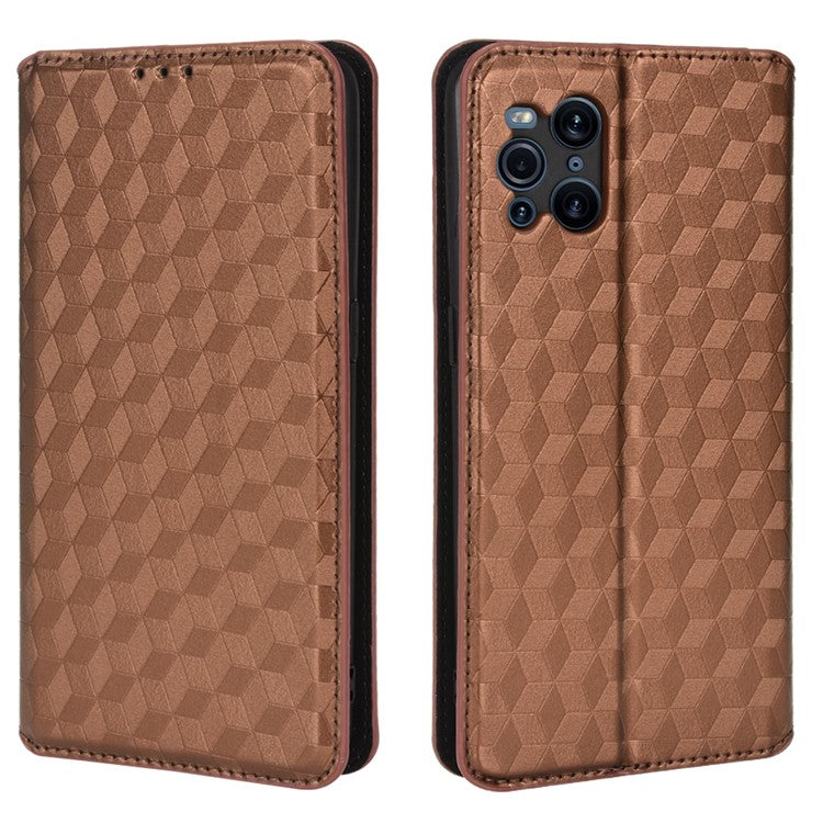 Protective Cover Shockproof Rhombus Pattern Imprinted Cell Phone Case PU Leather + TPU Phone Case with Stand Wallet for Oppo Find X3 Pro / Find X3 - Brown