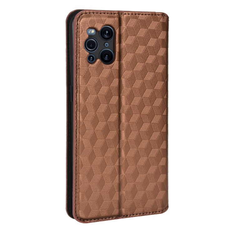 Protective Cover Shockproof Rhombus Pattern Imprinted Cell Phone Case PU Leather + TPU Phone Case with Stand Wallet for Oppo Find X3 Pro / Find X3 - Brown