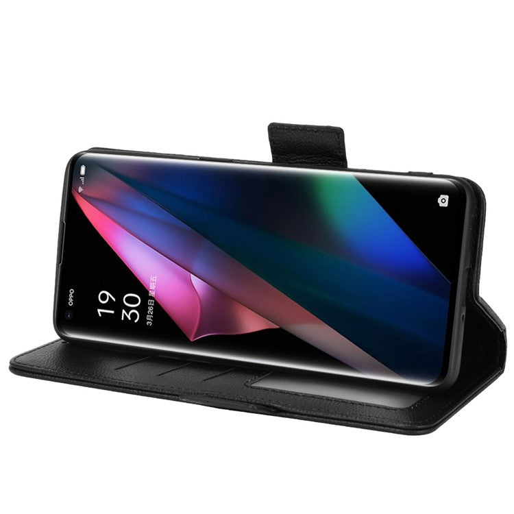 Stand Feature Litchi Texture PU Leather Wallet Flip Cover TPU Shockproof Interior Case for Oppo Find X3 / Find X3 Pro - Black