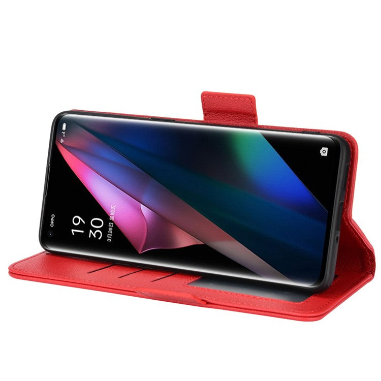 Stand Feature Litchi Texture PU Leather Wallet Flip Cover TPU Shockproof Interior Case for Oppo Find X3 / Find X3 Pro - Red