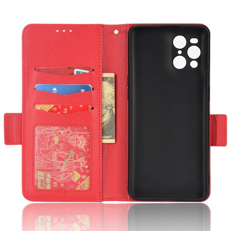 Stand Feature Litchi Texture PU Leather Wallet Flip Cover TPU Shockproof Interior Case for Oppo Find X3 / Find X3 Pro - Red