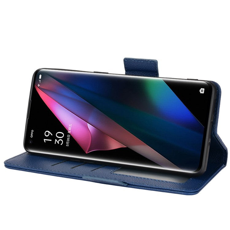 Stand Feature Litchi Texture PU Leather Wallet Flip Cover TPU Shockproof Interior Case for Oppo Find X3 / Find X3 Pro - Dark Blue