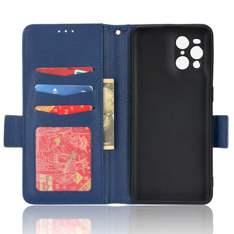 Stand Feature Litchi Texture PU Leather Wallet Flip Cover TPU Shockproof Interior Case for Oppo Find X3 / Find X3 Pro - Dark Blue