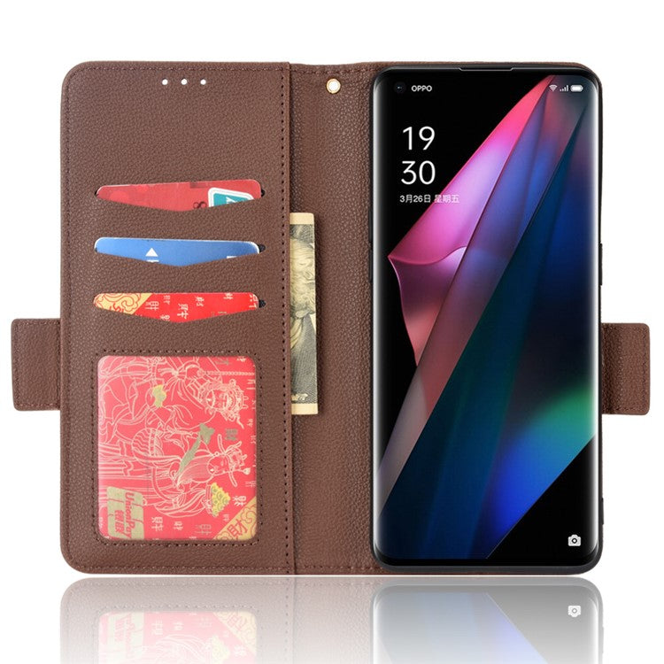 Stand Feature Litchi Texture PU Leather Wallet Flip Cover TPU Shockproof Interior Case for Oppo Find X3 / Find X3 Pro - Brown