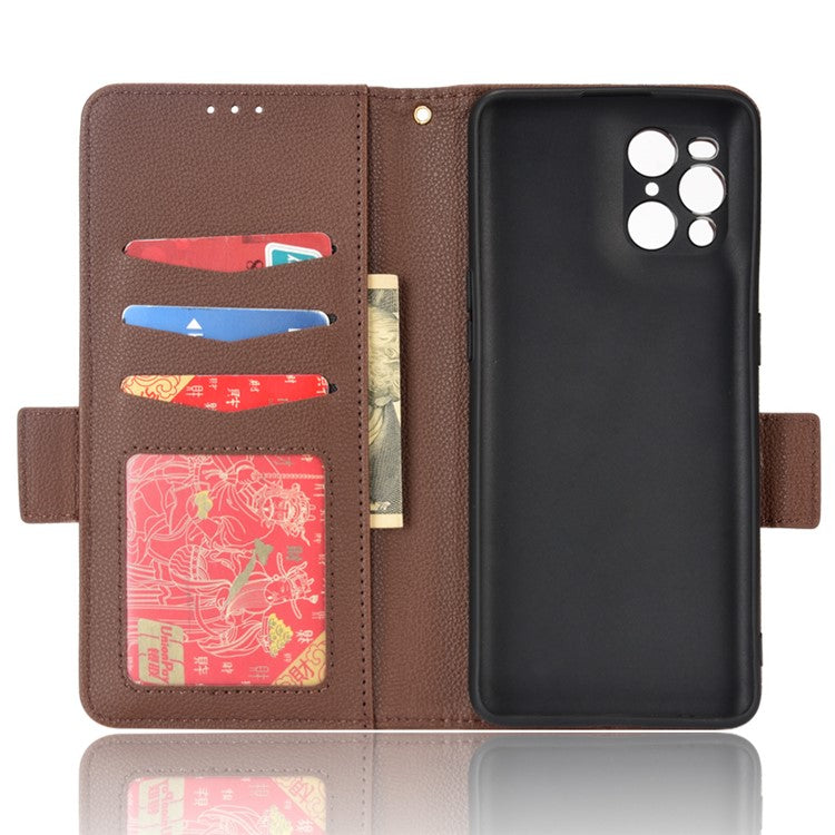 Stand Feature Litchi Texture PU Leather Wallet Flip Cover TPU Shockproof Interior Case for Oppo Find X3 / Find X3 Pro - Brown