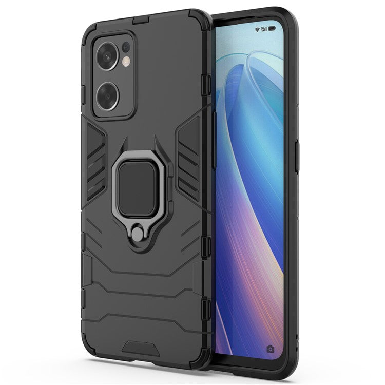 Ring Kickstand Sturdy Anti-Shock Flexible TPU + Hard PC Back Cover for Oppo Reno7 SE 5G - Black