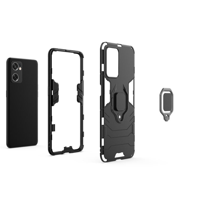 Ring Kickstand Sturdy Anti-Shock Flexible TPU + Hard PC Back Cover for Oppo Reno7 SE 5G - Black