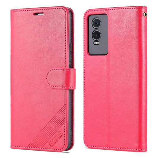 AZNS Textured PU Leather Protective Folio Flip Case Wallet Stand Inner TPU Phone Cover for vivo Y76s / Y74s - Red