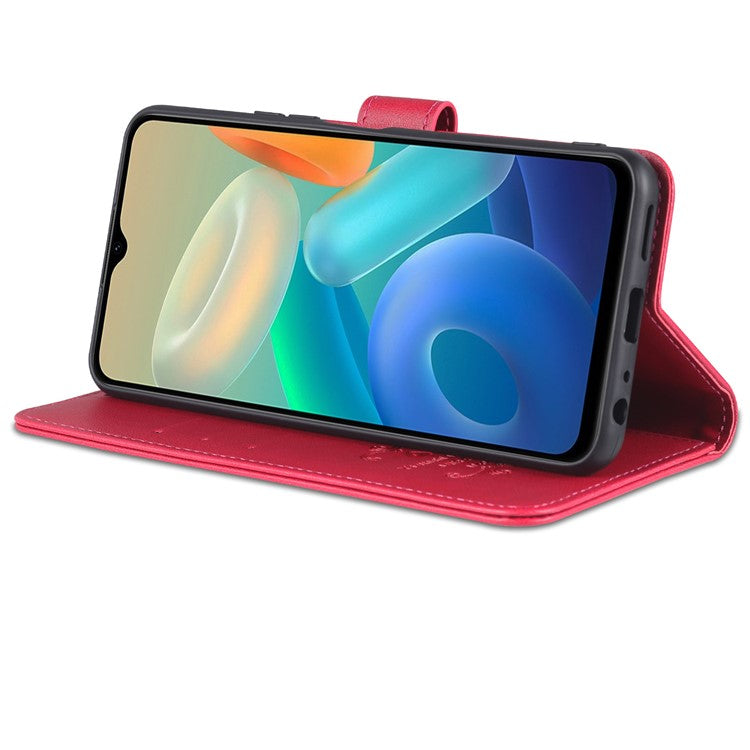 AZNS Textured PU Leather Protective Folio Flip Case Wallet Stand Inner TPU Phone Cover for vivo Y76s / Y74s - Red