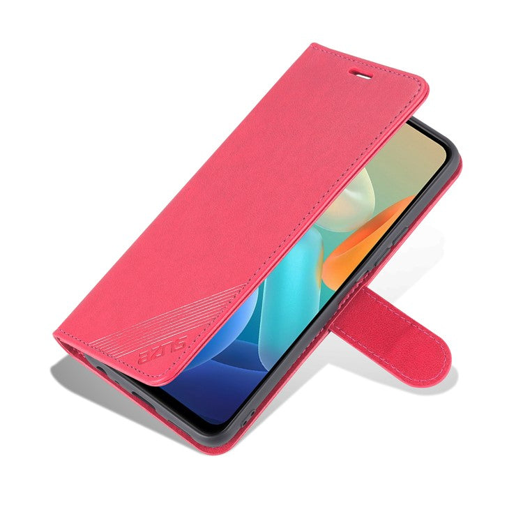 AZNS Textured PU Leather Protective Folio Flip Case Wallet Stand Inner TPU Phone Cover for vivo Y76s / Y74s - Red