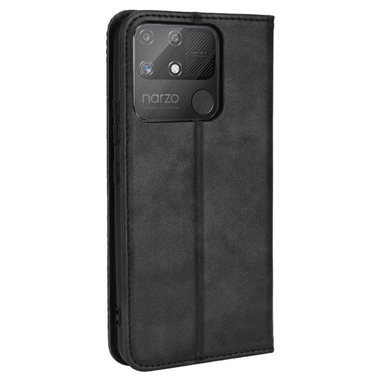 For Realme Narzo 50A Well-protected Wallet Retro Style Imprinted Leather Magnetic Closing Phone Cover with Stand - Black