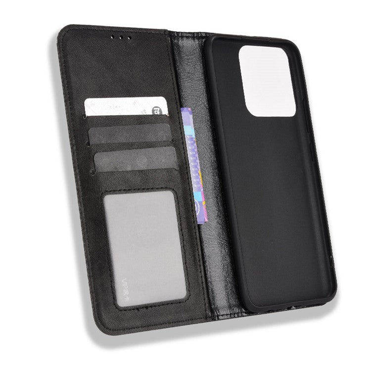 For Realme Narzo 50A Well-protected Wallet Retro Style Imprinted Leather Magnetic Closing Phone Cover with Stand - Black