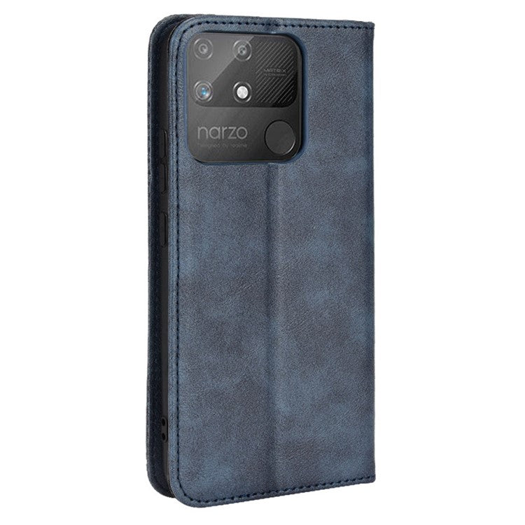 For Realme Narzo 50A Well-protected Wallet Retro Style Imprinted Leather Magnetic Closing Phone Cover with Stand - Blue