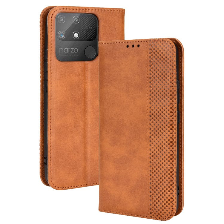 For Realme Narzo 50A Well-protected Wallet Retro Style Imprinted Leather Magnetic Closing Phone Cover with Stand - Brown