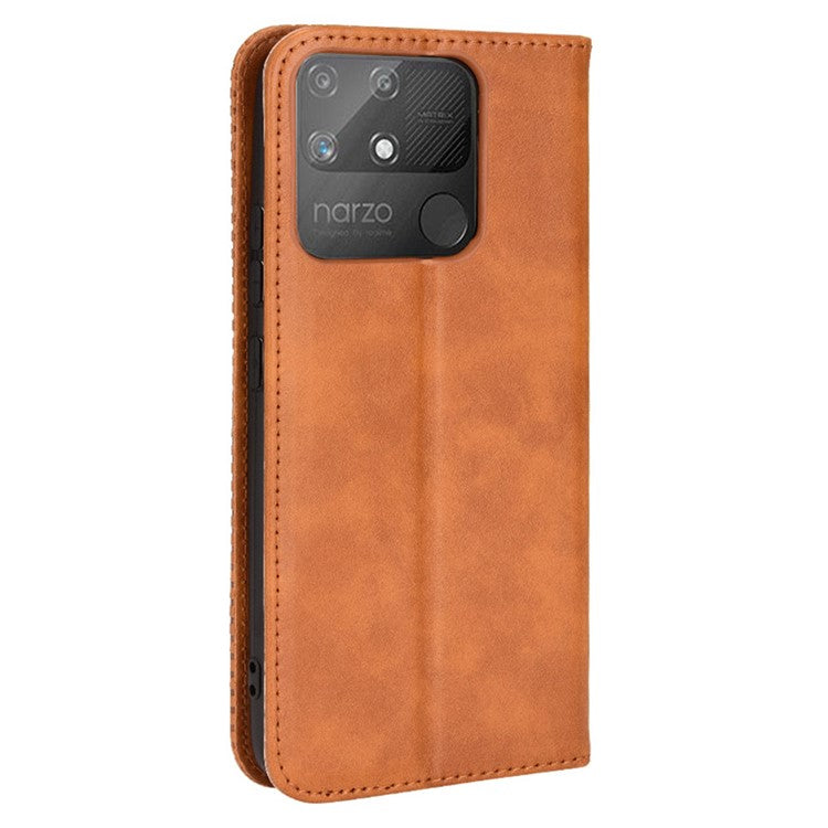 For Realme Narzo 50A Well-protected Wallet Retro Style Imprinted Leather Magnetic Closing Phone Cover with Stand - Brown