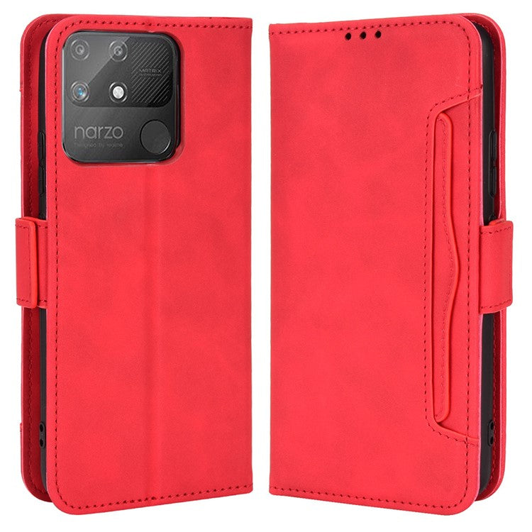 Double Protection PU Leather + TPU Phone Cover for Realme Narzo 50A, Cash Pocket Multiple Card Slot Case with Stand Case - Red