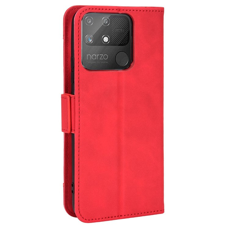 Double Protection PU Leather + TPU Phone Cover for Realme Narzo 50A, Cash Pocket Multiple Card Slot Case with Stand Case - Red
