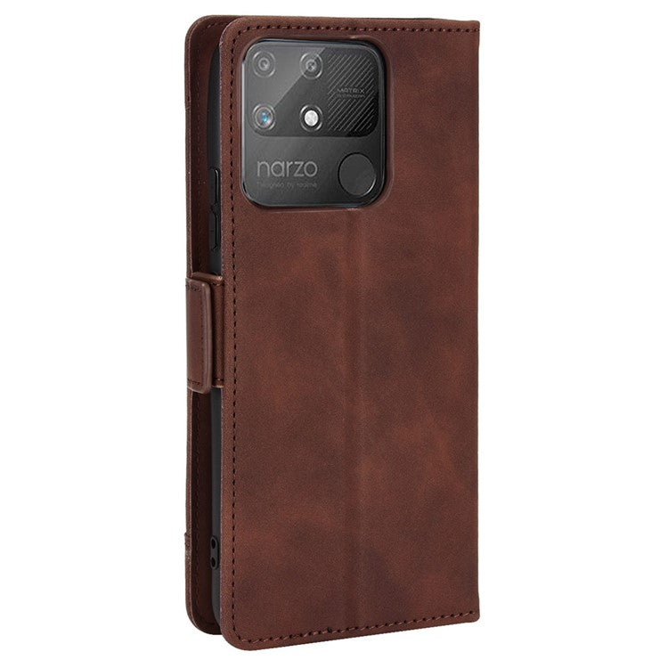 Double Protection PU Leather + TPU Phone Cover for Realme Narzo 50A, Cash Pocket Multiple Card Slot Case with Stand Case - Brown