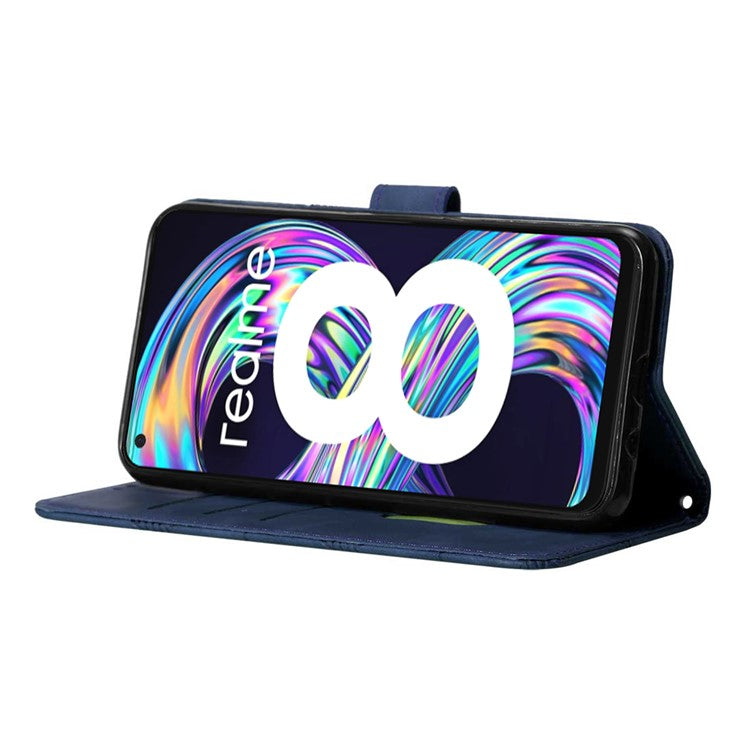 PB2-1 Series Lines Imprinting Phone Case for Realme 8 5G/V13 5G/Narzo 30 5G, Flip Stand Soft PU Leather Magnetic Wallet Cover with Shoulder Strap - Sapphire