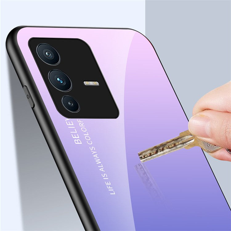 Gradient Color Phone Case for vivo S12 / V23 5G, Shockproof TPU Edges + Hard PC + Tempered Glass Protective Cover - Gradient Rose