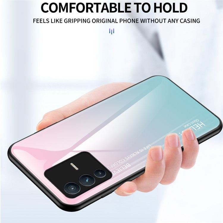 Gradient Color Phone Case for vivo S12 / V23 5G, Shockproof TPU Edges + Hard PC + Tempered Glass Protective Cover - Gradient Yellow