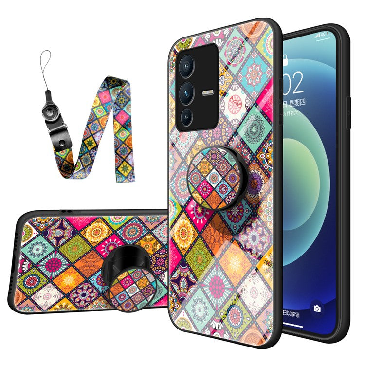 For vivo S12 / V23 5G Kickstand Flower Pattern Anti-Scratch Tempered Glass + PC Back + TPU Bumper Shockproof Case with Lanyard - Color Pattern