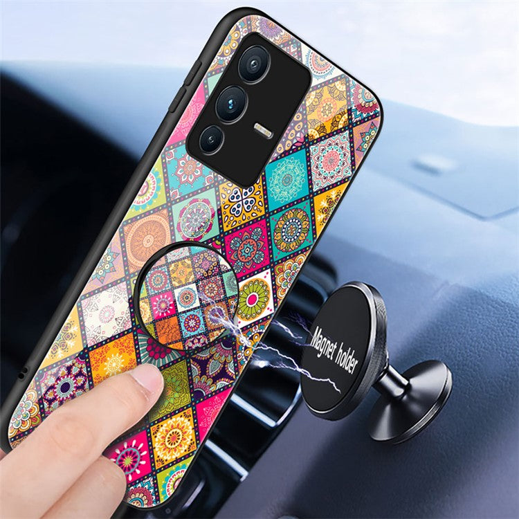 For vivo S12 / V23 5G Kickstand Flower Pattern Anti-Scratch Tempered Glass + PC Back + TPU Bumper Shockproof Case with Lanyard - Color Pattern