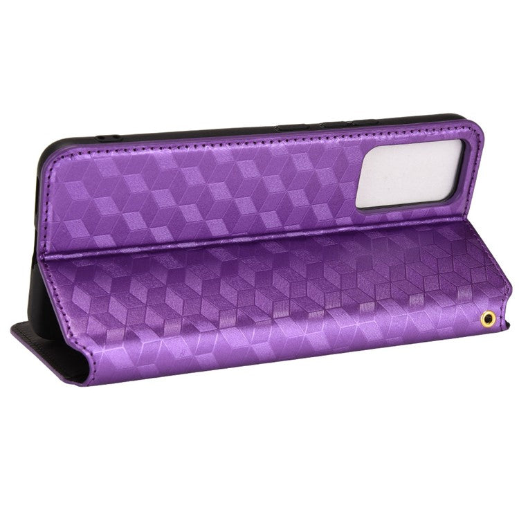 For vivo V21 4G/5G Magnetic Absorption Squares Imprinting Leather Case Wallet Stand Design with TPU Four Corners Air Bags Case - Purple