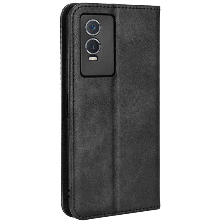 For vivo Y76s Vintage PU Leather Wallet Case Imprinted Mosaic Anti-fall Protection Magnetic Absorption Stand Flip Folio Phone Cover - Black